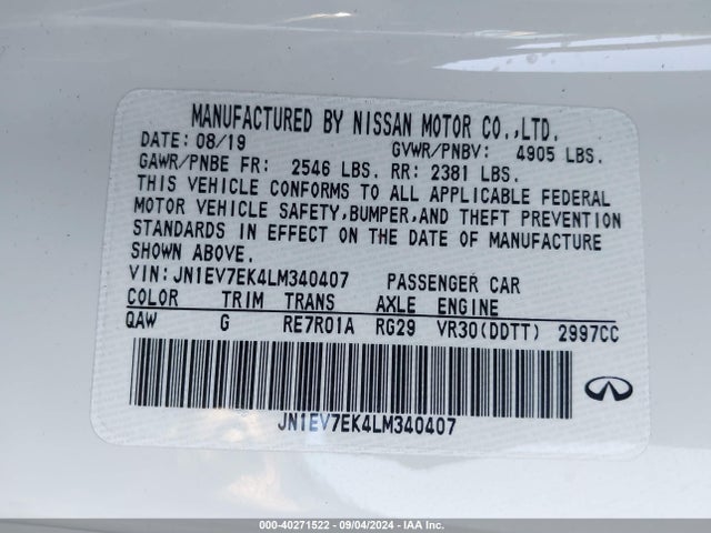 JN1EV7EK4LM340407 Infiniti Q60 PURE
