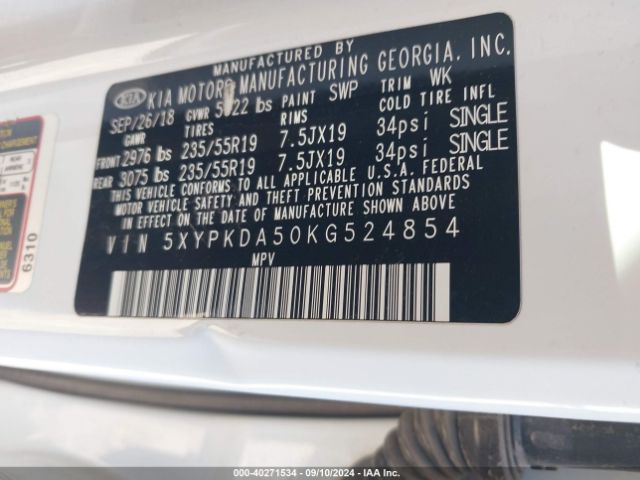 5XYPKDA50KG524854 KIA Sorento 3.3l Sx