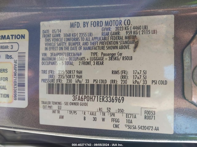 Ford FUSION SE 2014 3FA6P0H71ER336969 Image 9