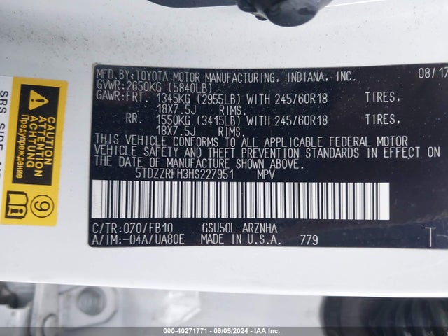 Toyota Highlander Le 2017 5TDZZRFH3HS227951 Image 9