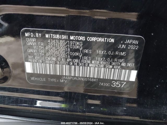 JA4APUAUXNU016841 Mitsubishi Outlander Sport 2.0 Be 2wd/2.0 Es 2wd/2.0 Le 2wd/2.0 S 2wd