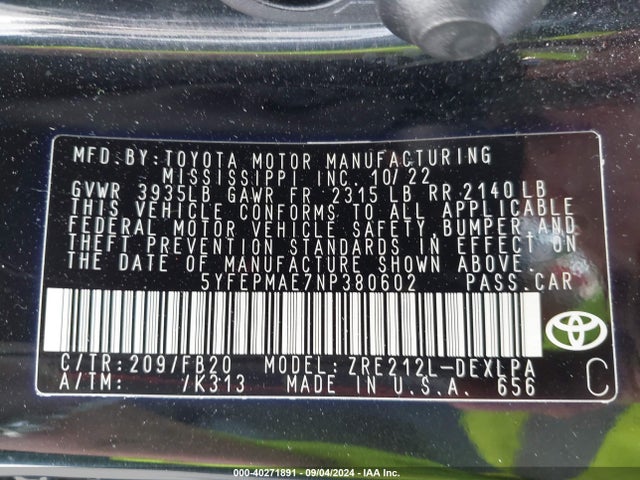Toyota COROLLA LE 2022 5YFEPMAE7NP380602 Image 9