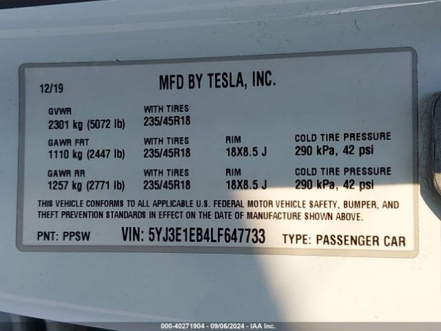 5YJ3E1EB4LF647733 Tesla Model 3 Long Range Dual Motor All-wheel Drive