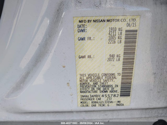 Nissan Altima 2.5 S 2015 1N4AL3AP8FC455782 Image 9