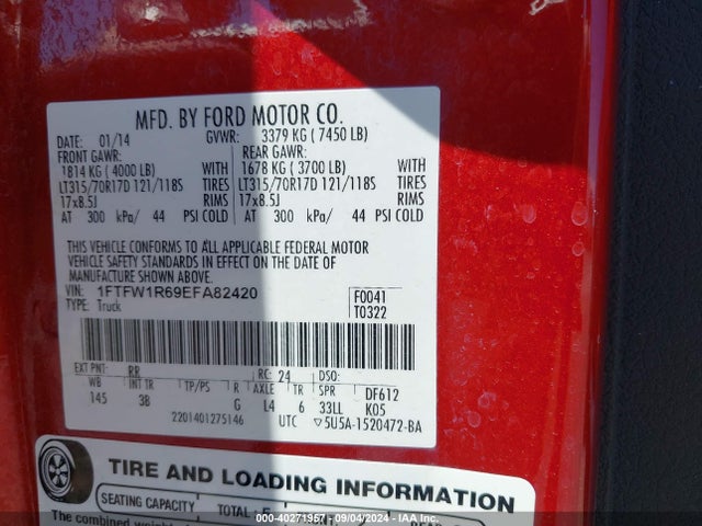 Ford F-150 Svt Raptor 2014 1FTFW1R69EFA82420 Image 9
