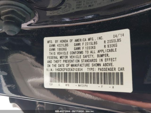 1HGCR2F82EA210954 Honda Accord Ex-l