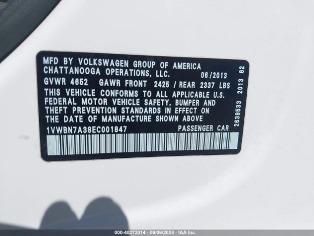 1VWBN7A38EC001847 Volkswagen Passat 2.0l Tdi Se