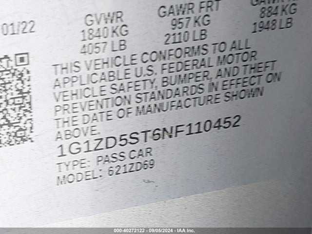 40272122 :رقم المزاد ، 1G1ZD5ST6NF110452 vin ، 2022 Chevrolet Malibu Fwd Lt مزاد بيع