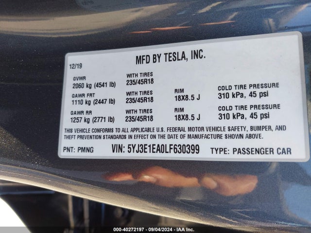 2020 TESLA MODEL 3 5YJ3E1EA0LF630399 Photo 8