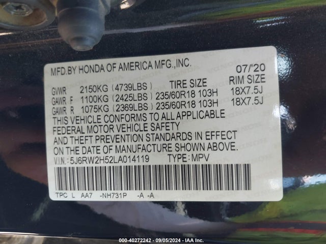 Honda Cr-v Awd Ex 2020 5J6RW2H52LA014119 Image 9