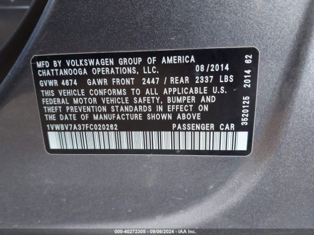 1VWBV7A37FC020262 Volkswagen Passat 2.0l Tdi Se
