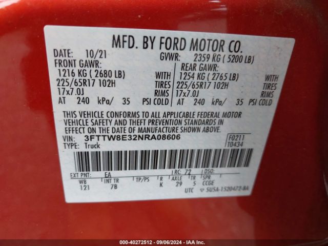 3FTTW8E32NRA08606 Ford Maverick Xlt