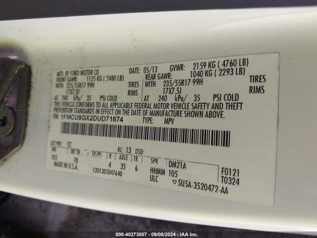 Продажа на аукционе авто 2013 Ford Escape Se, vin: 1FMCU9GX2DUD71874, номер лота: 40273007