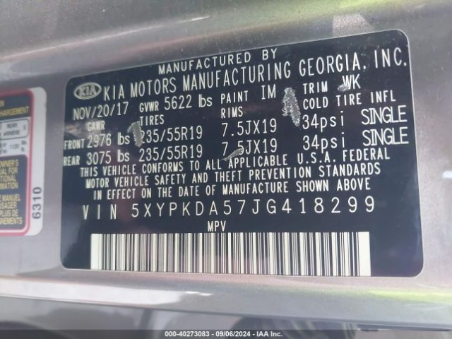5XYPKDA57JG418299 KIA Sorento 3.3l Sx