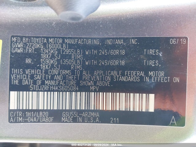 Toyota Highlander Xle 2019 5TDJZRFH4KS605084 Image 9