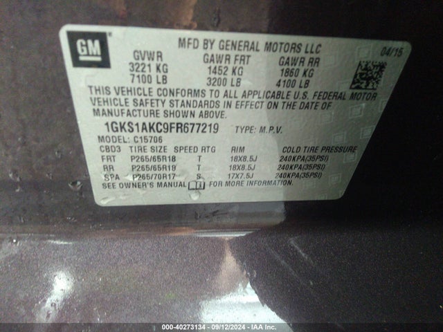 1GKS1AKC9FR677219 GMC YUKON SLE
