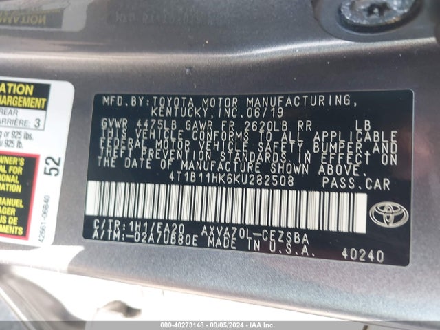 Toyota CAMRY SE 2019 4T1B11HK6KU282508 Image 9
