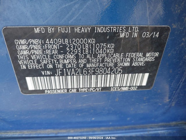 40273250 :رقم المزاد ، JF1VA2L63F9804205 vin ، 2015 Subaru Wrx Sti مزاد بيع