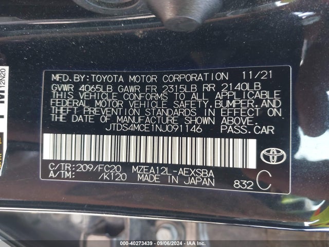 Toyota COROLLA SE 2022 JTDS4MCE1NJ091146 Image 9