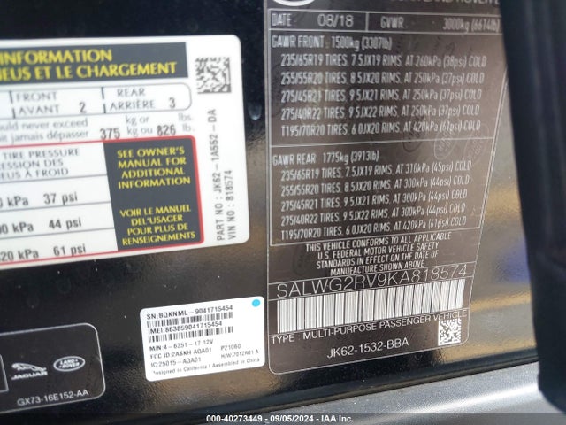 SALWG2RV9KA818574 Land Rover Range Rover Sport Se