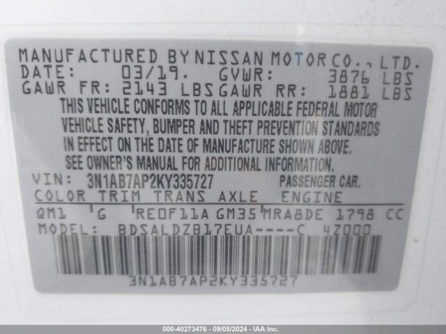 3N1AB7AP2KY335727 Nissan SENTRA SV