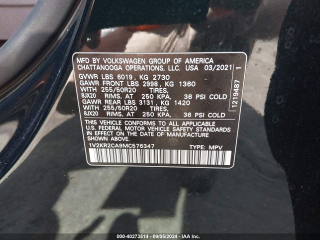 1V2KR2CA9MC576347 Volkswagen Atlas 3.6l V6 Se W/technology