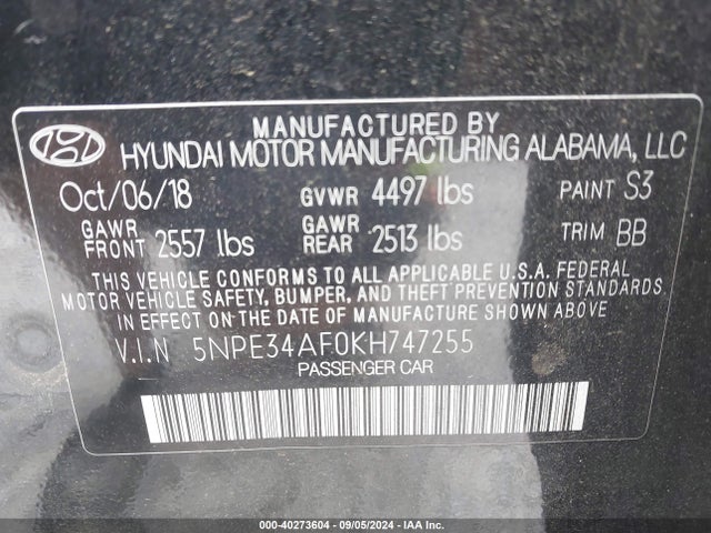 Hyundai Sonata Limited 2019 5NPE34AF0KH747255 Image 9
