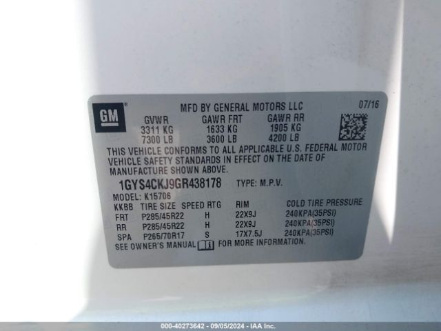 1GYS4CKJ9GR438178 Cadillac Escalade Premium Collection