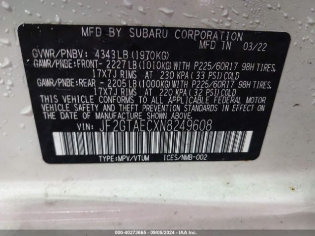 JF2GTAECXN8249608 Subaru Crosstrek Premium