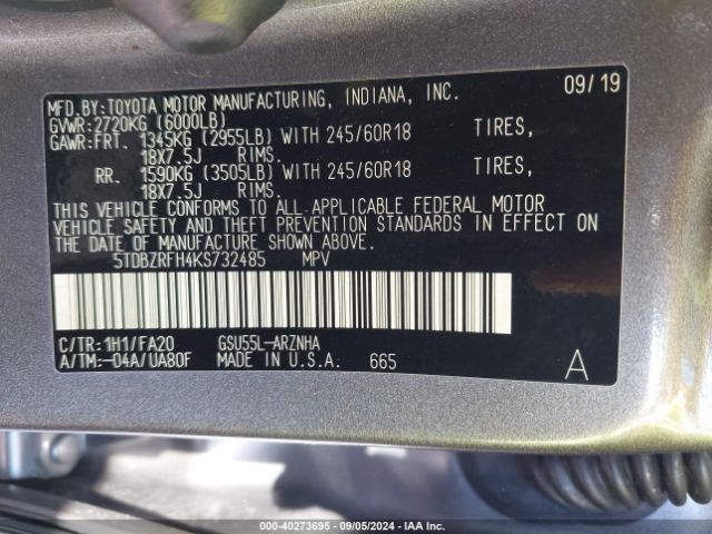 5TDBZRFH4KS732485 Toyota Highlander Le Plus