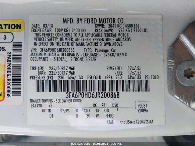 Ford FUSION SE 2018 3FA6P0HD6JR200868 Image 9