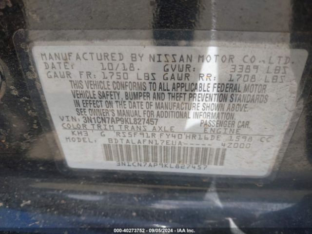 3N1CN7AP9KL827457 Nissan Versa 1.6 S