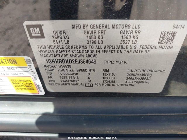 Chevrolet Traverse 1lt 2014 1GNKRGKD2EJ354649 Image 9