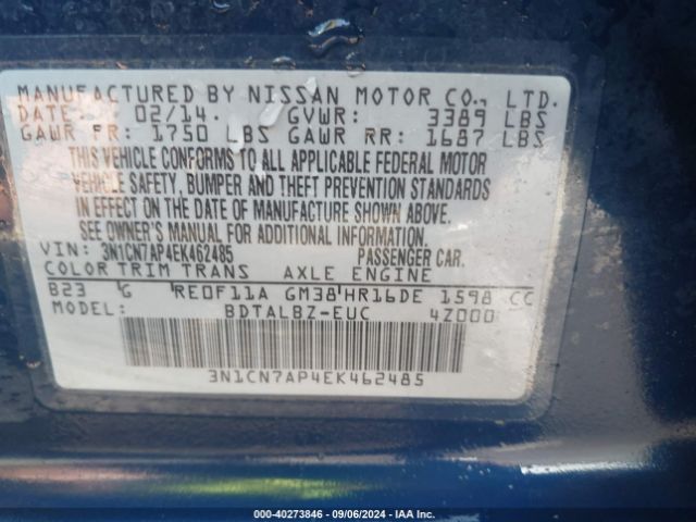 3N1CN7AP4EK462485 Nissan Versa 1.6 S/1.6 S+/1.6 Sl/1.6 Sv