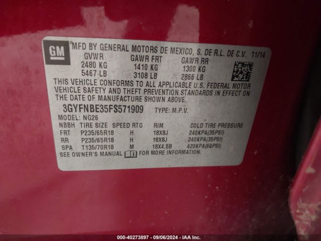 3GYFNBE35FS571909 Cadillac Srx Luxury Collection