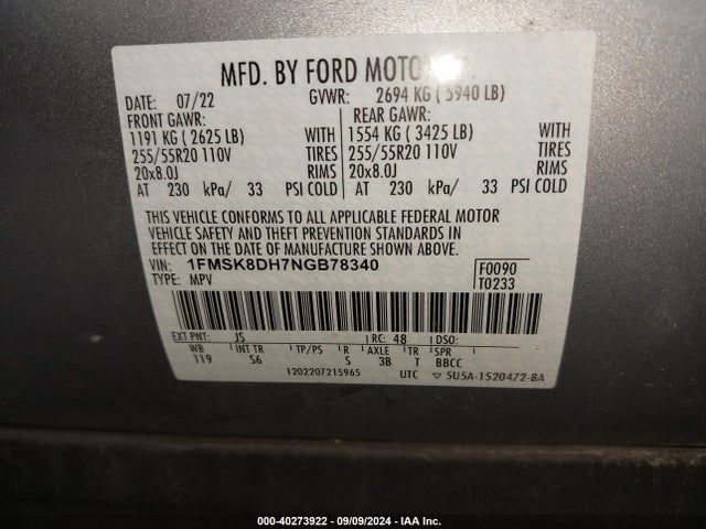 Ford EXPLORER XLT 2022 1FMSK8DH7NGB78340 Image 9