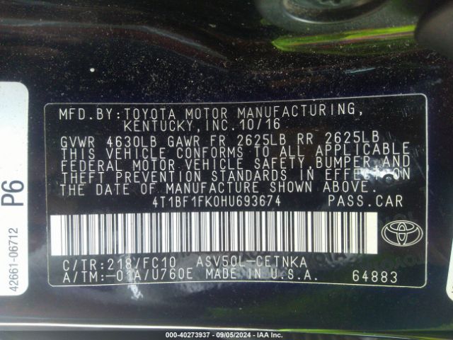 4T1BF1FK0HU693674 Toyota CAMRY LE