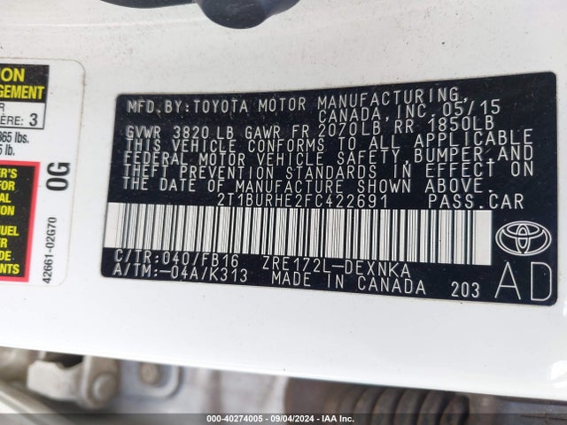 Toyota COROLLA LE 2015 2T1BURHE2FC422691 Image 9