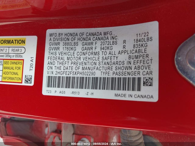 Honda Civic Sport 2023 2HGFE2F5XPH502290 Image 9