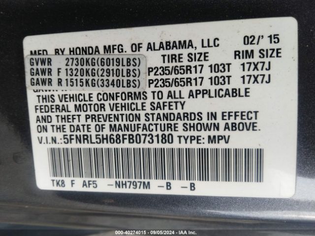 5FNRL5H68FB073180 Honda Odyssey Ex-l