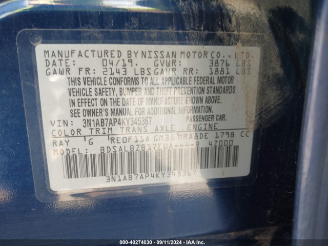 3N1AB7AP4KY345367 Nissan Sentra S/sl/sr/sv