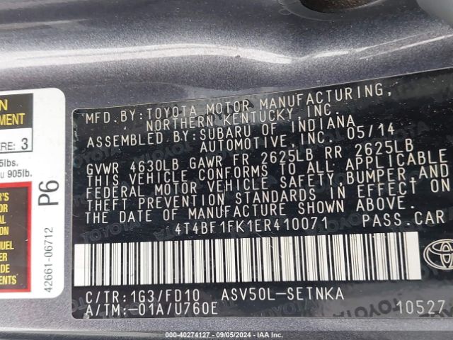 4T4BF1FK1ER410071 Toyota CAMRY LE