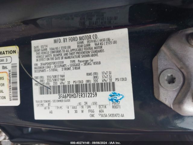 3FA6P0HD7ER312259 Ford FUSION SE