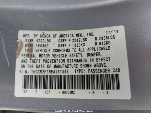 1HGCR2F39EA291049 Honda ACCORD LX