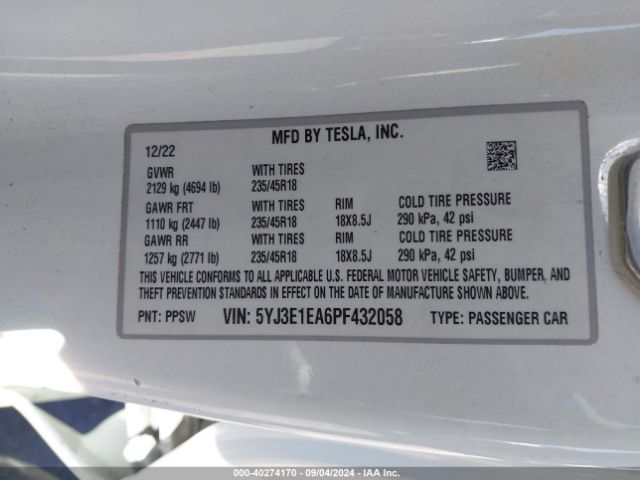 5YJ3E1EA6PF432058 Tesla Model 3 Rear-wheel Drive