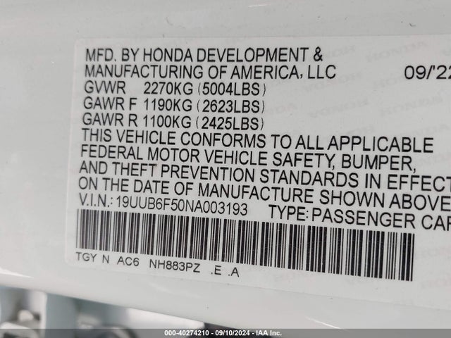 19UUB6F50NA003193 Acura Tlx A-spec Package