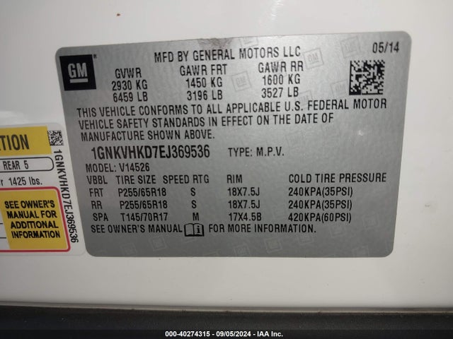 Chevrolet Traverse 2lt 2014 1GNKVHKD7EJ369536 Image 9