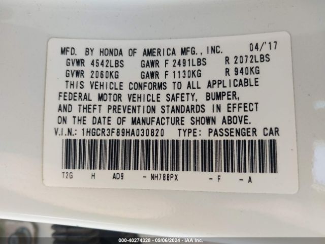 1HGCR3F89HA030820 Honda Accord Ex-l V6