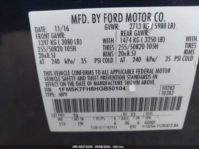 Ford Explorer Limited 2017 1FM5K7FH8HGB50104 Image 9