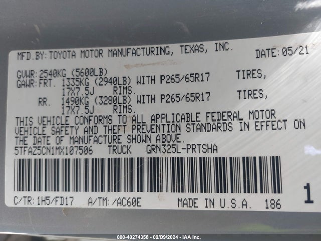 5TFAZ5CN1MX107506 Toyota Tacoma Trd Sport